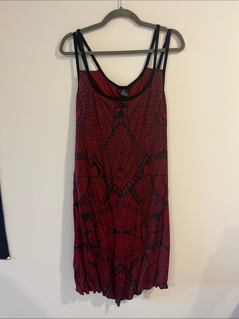 Red Patterned Mini Dress with Double Straps and cut-out pattern back